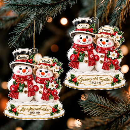 "Growing Old Together" Personalized Snowman Couple Acrylic Ornament - Anniversary for Husband & Wife