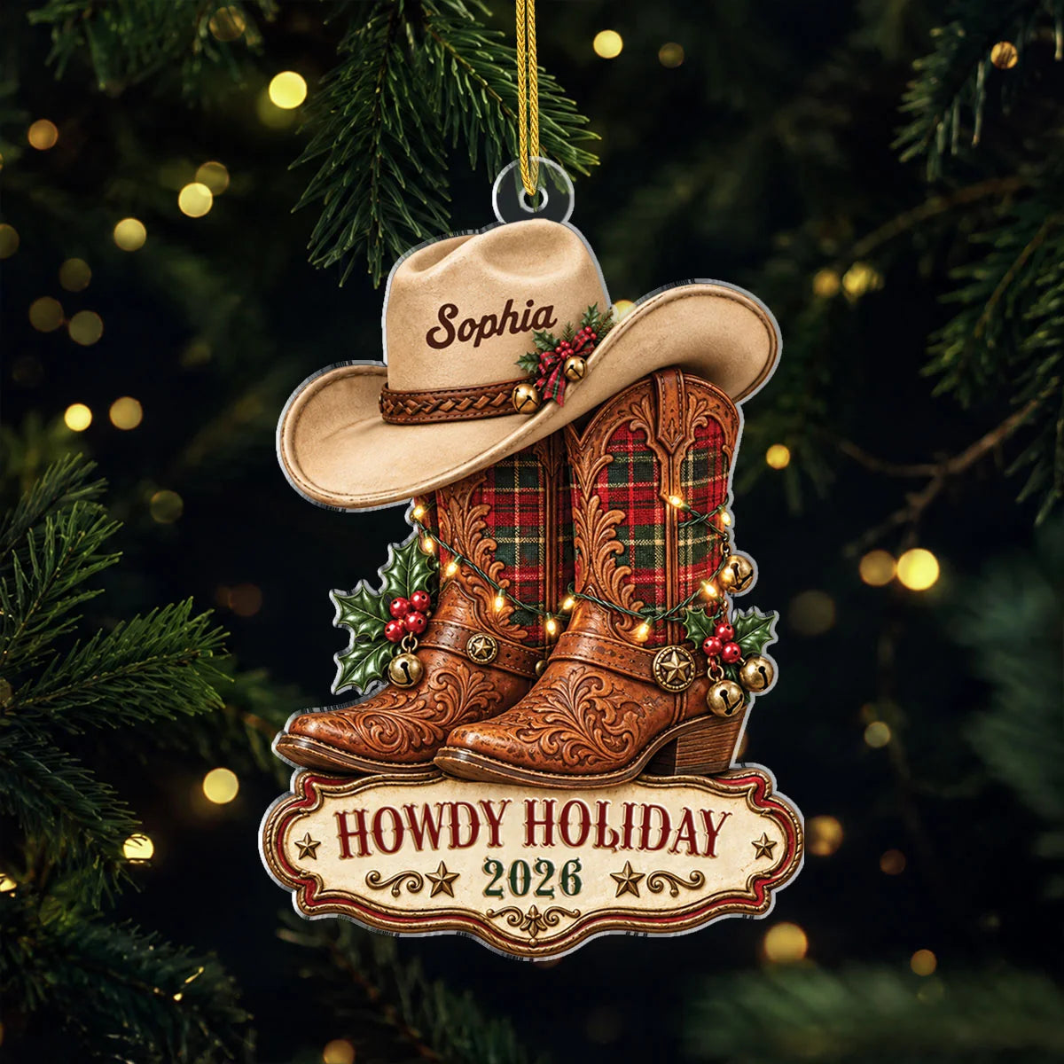 "Howdy Holiday" Cowboy Boots Personalized Acrylic Ornament - Custom Christmas Tree Keepsake