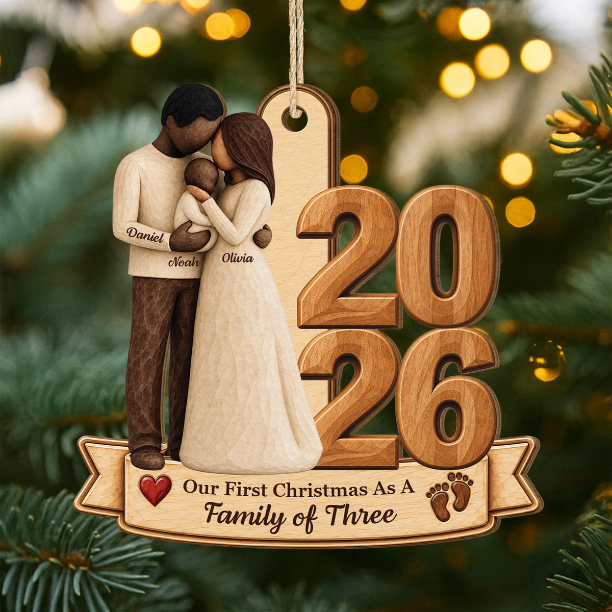 "Our First Christmas As Family Of Three" Custom Wooden Ornament - Personalized Gift for New Parents