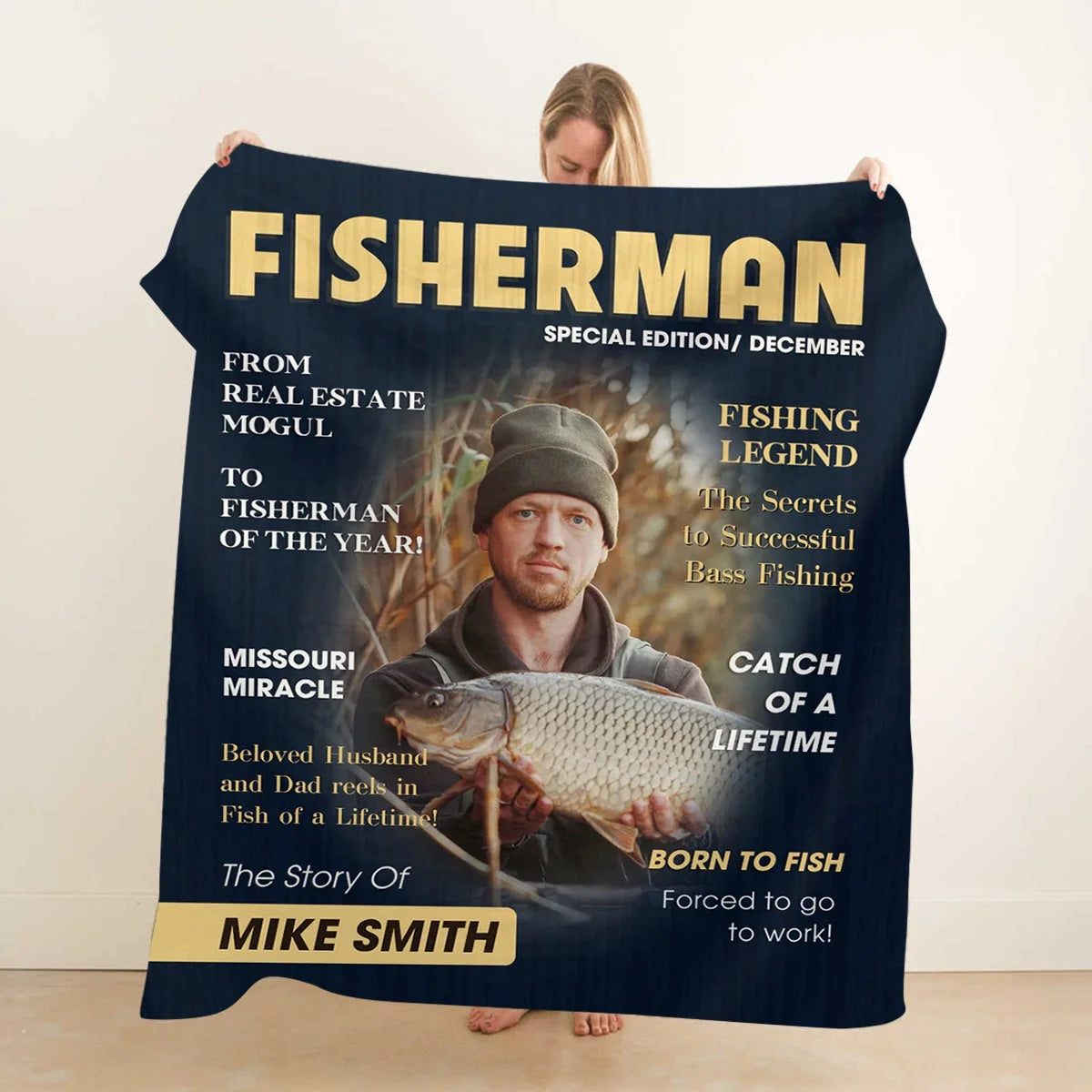 Born to Fish Custom Photo Cover Blanket - Personalized Fishing Blanket Gift for Dad & Husband