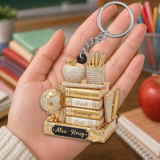 Personalized teacher keychain featuring stacked books and customized name plaque - ideal gift for educators