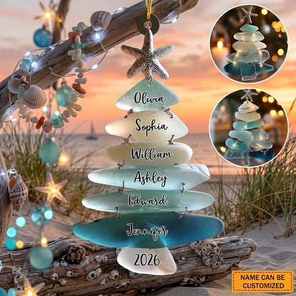 Personalized Sea Glass Christmas Tree Family Acrylic Ornament - Custom Beach Themed Keepsake Holiday Gift