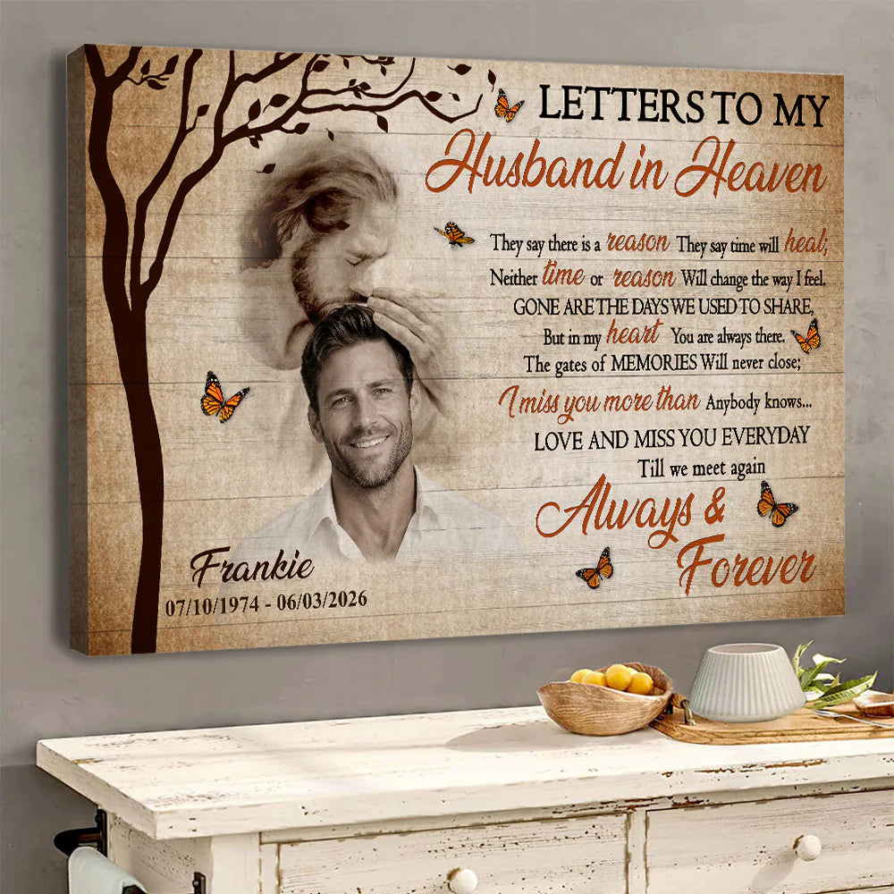 Personalized husband memorial canvas with custom photo and Letters to My Husband in Heaven poem print