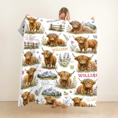 Blanket material and size view - Personalized Highland Cow Baby Blanket