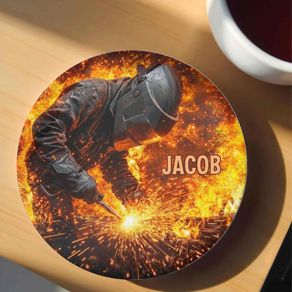 Custom Welder Ceramic Coaster for Dad with personalized design details for meaningful gifting