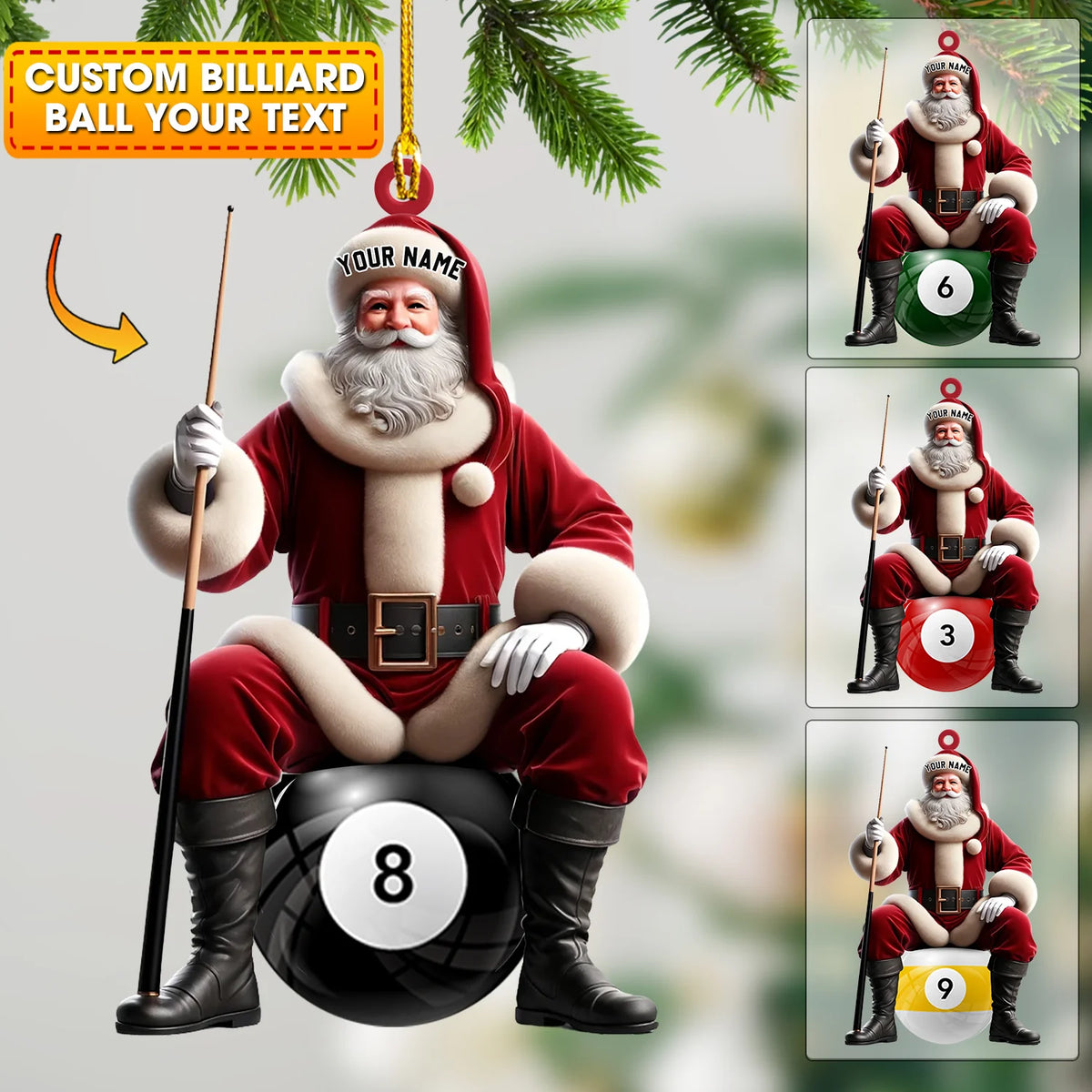 Personalized Santa Pool Player Acrylic Ornament - Custom Billiard Christmas Ornament for Pool Lovers