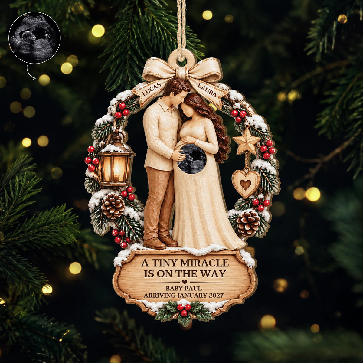 A Tiny Miracle Is On The Way - Personalized Ultrasound Wooden Ornament for Expecting Parents