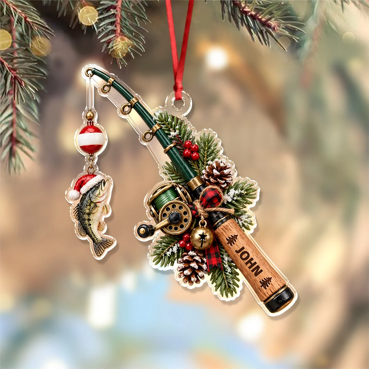 Custom Catch Personalized Fishing Rod Acrylic Ornament - Christmas Keepsake Gift for Fishers