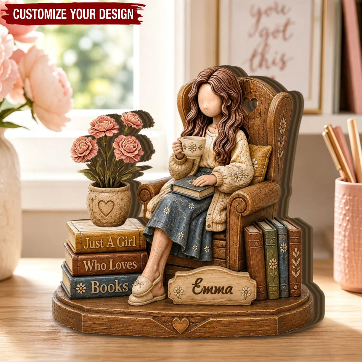 "Just A Girl Who Loves Books" Personalized Wooden Block - Custom Reader Gift for Book Lovers