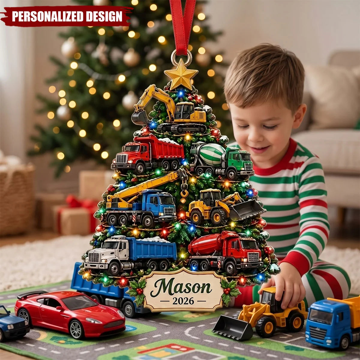 Construction Tree Personalized Christmas Ornament - Custom Name Truck Keepsake for Kids