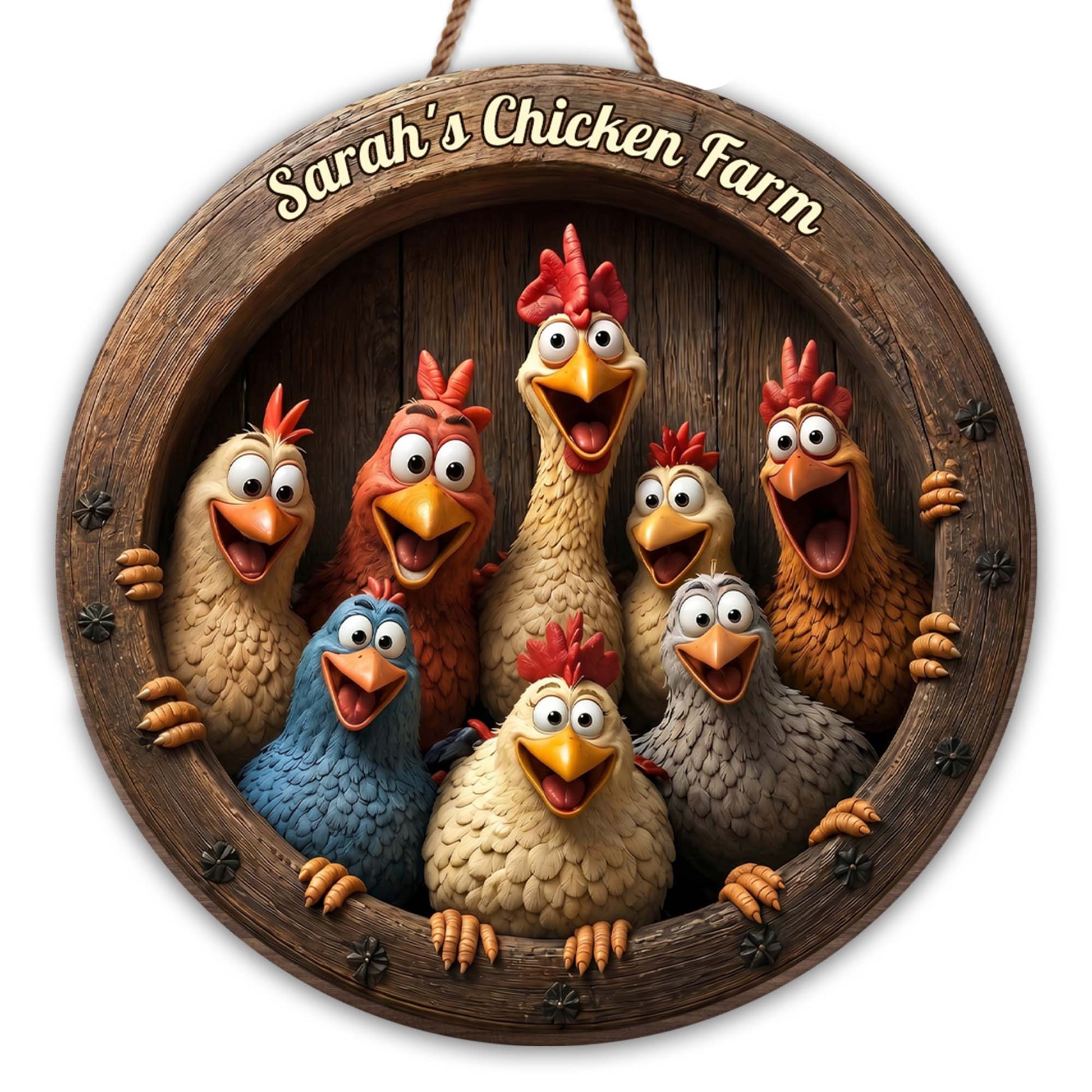 Personalized chicken farm wood sign featuring funny cartoon chickens peaking out of a barrel for rustic farmhouse decor image 8
