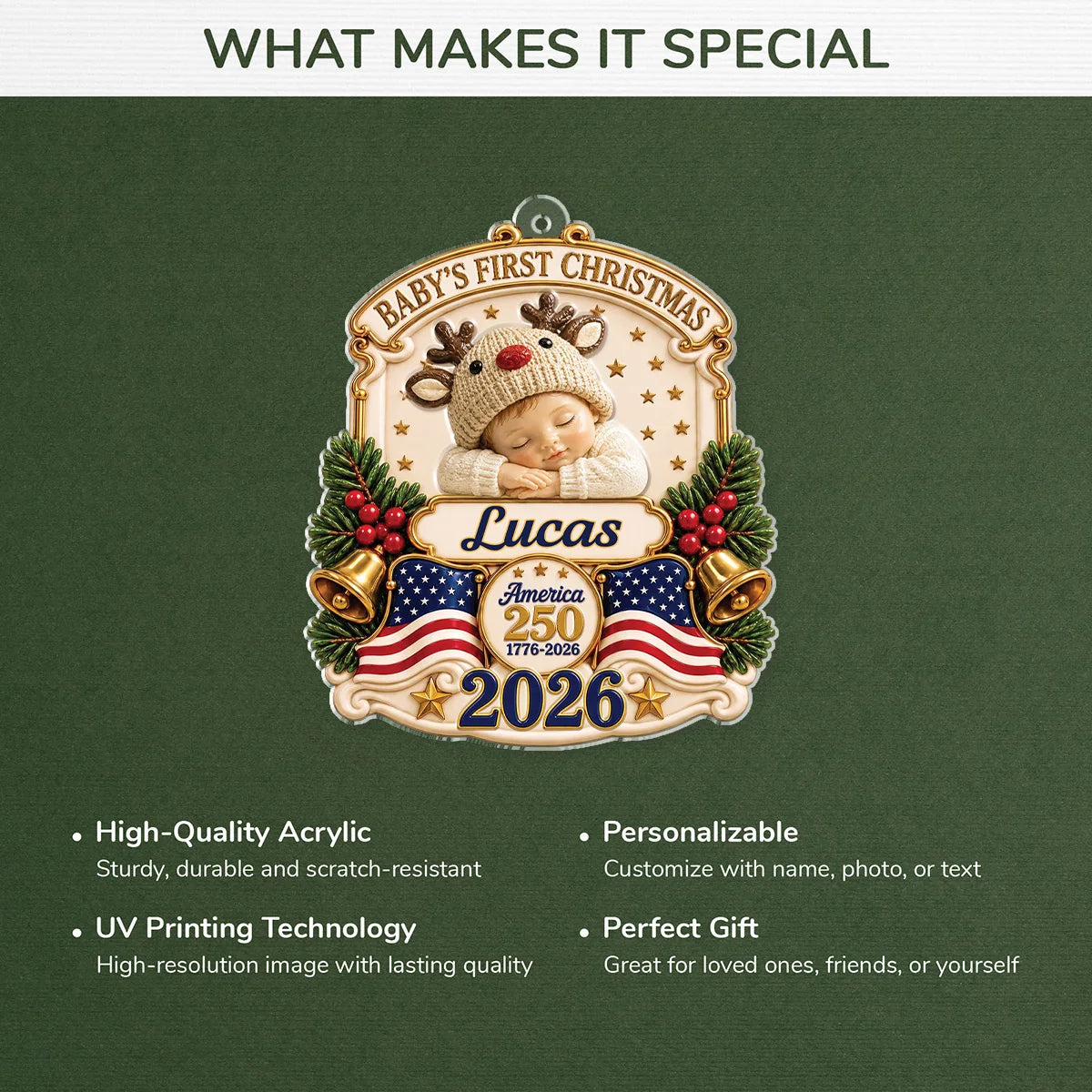 Baby's First Christmas 2026 America 250 - Personalized Acrylic Ornament for Newborns
