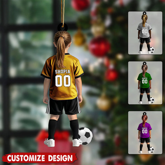 Custom soccer ornament featuring a personalized youth soccer player illustration and custom name