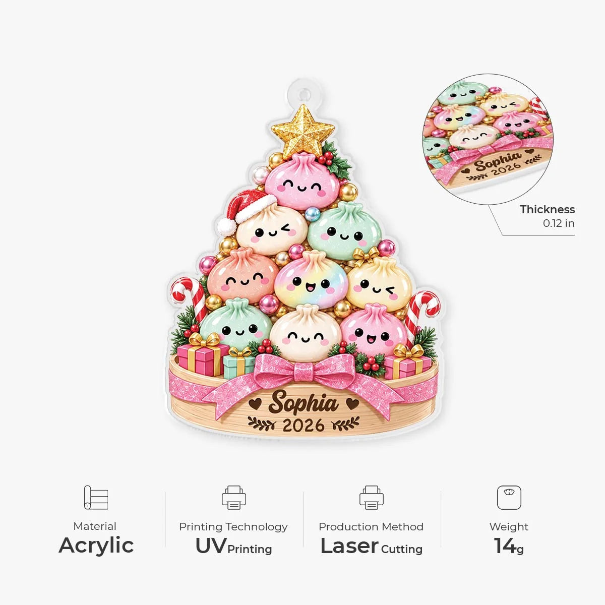 Squishy Dumpling Christmas Tree - Personalized Acrylic Ornament for Kids and Family Holiday Keepsake