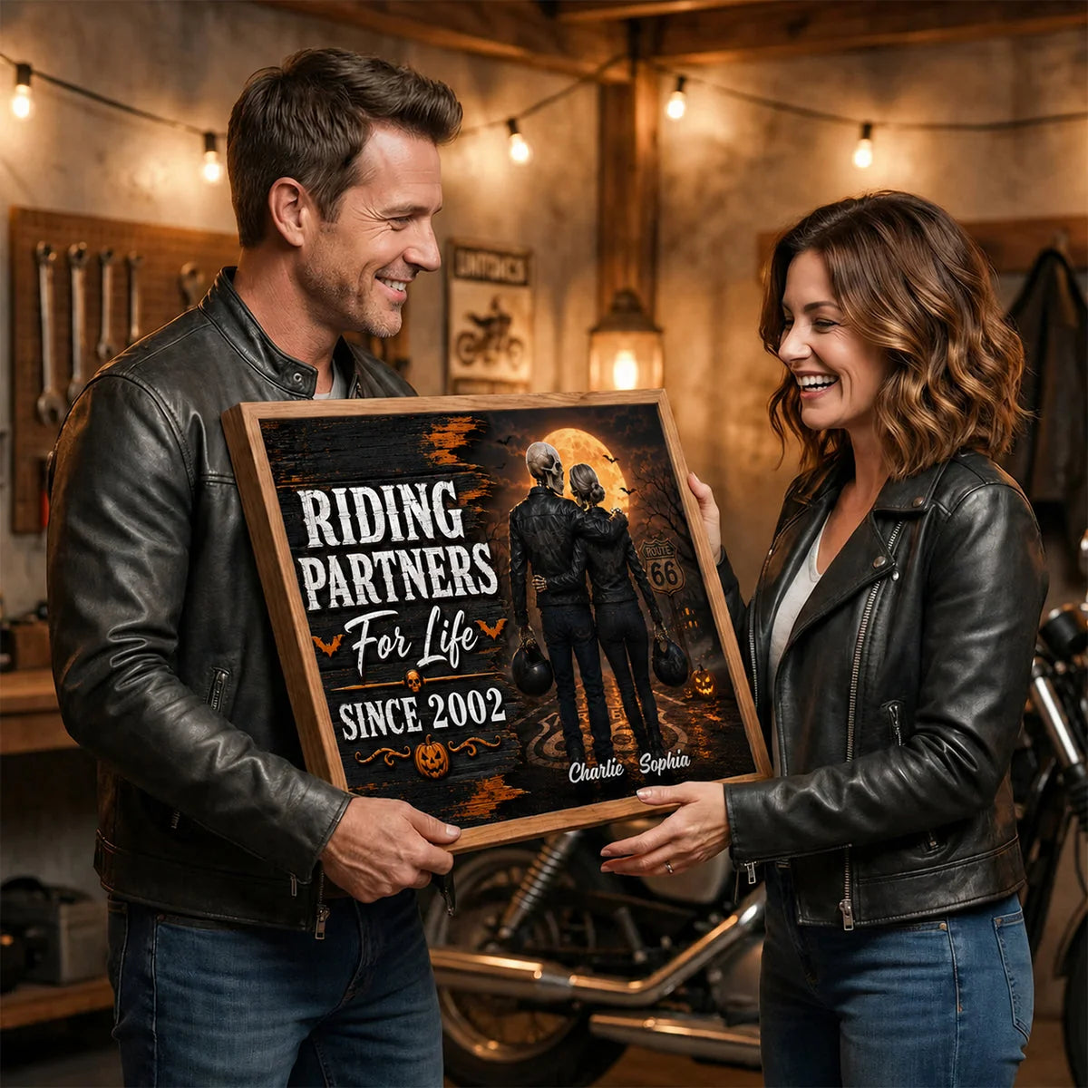 Riding Partners For Life Personalized Skeleton Biker Couple Canvas / Poster - Custom Anniversary Gift for Biker Couple