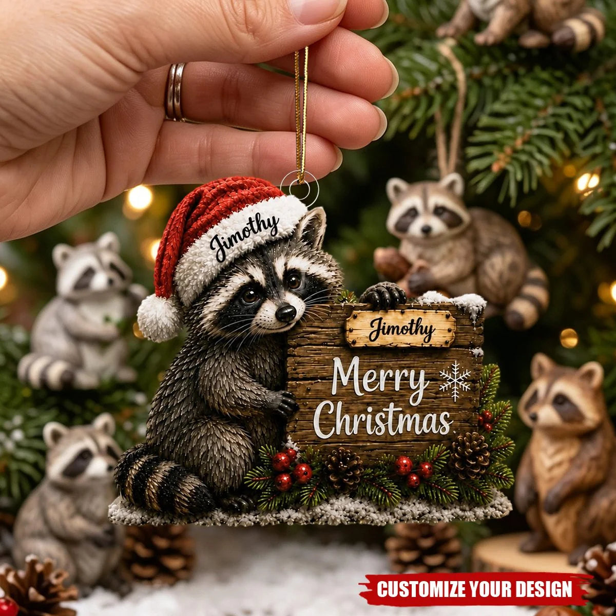 Merry Christmas Personalized Raccoon Acrylic Ornament - Custom Name Keepsake for Holiday Tree