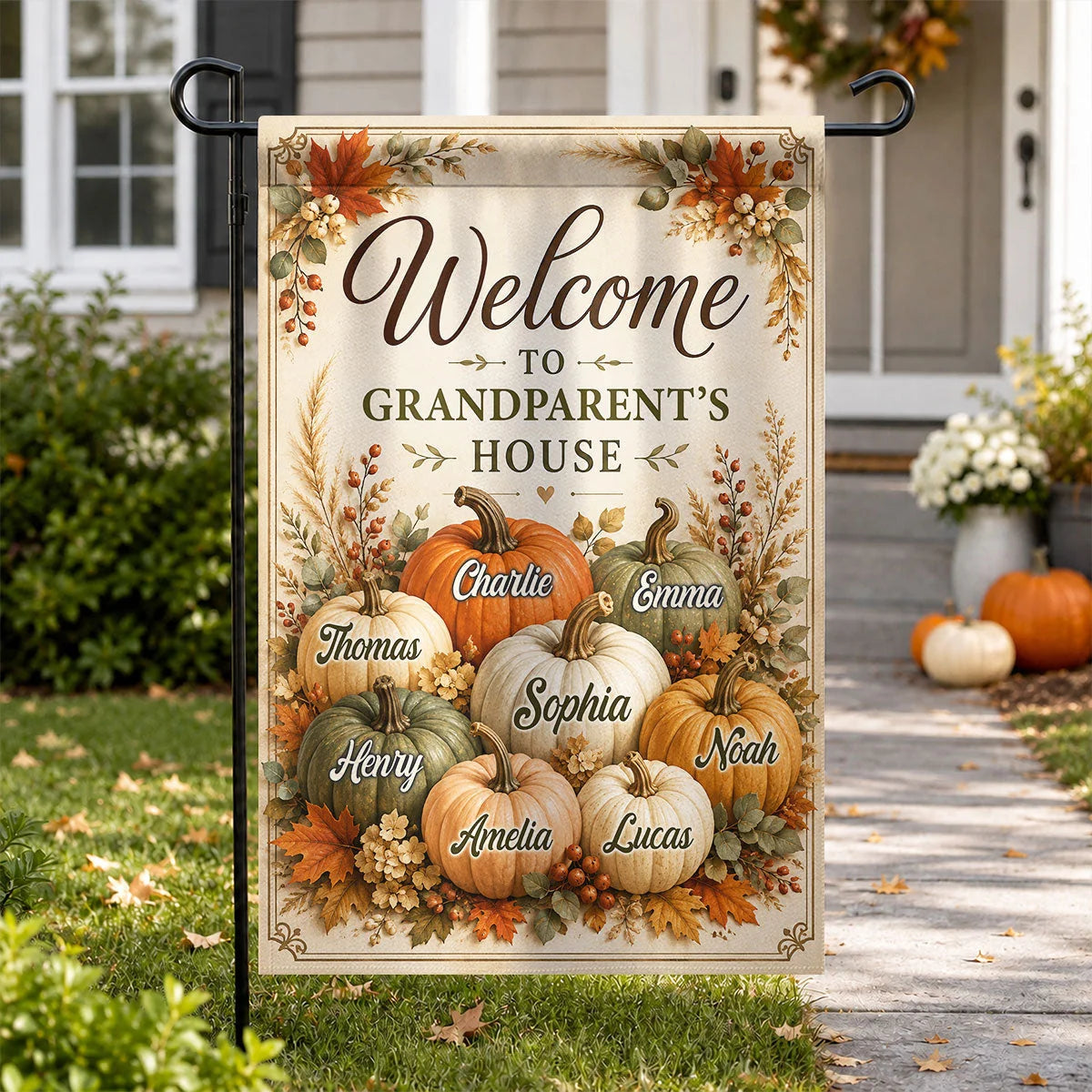 Welcome to Grandparent's House - Personalized Fall Garden Flag for Grandma and Grandpa