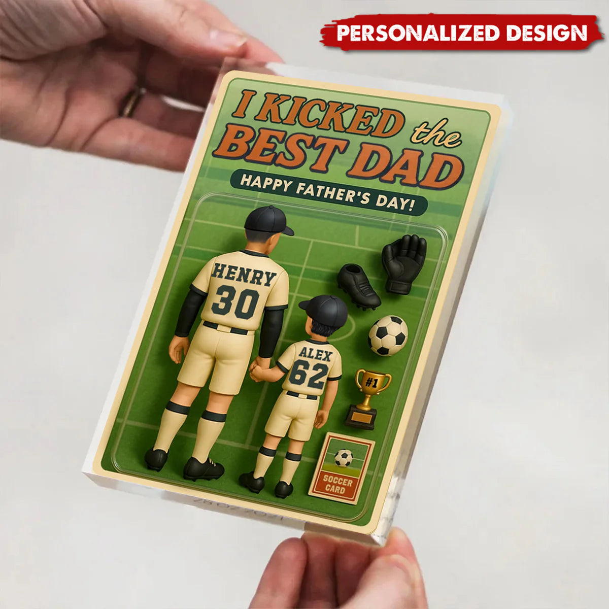 Personalized soccer dad acrylic plaque featuring custom father and child figures with names and jersey numbers