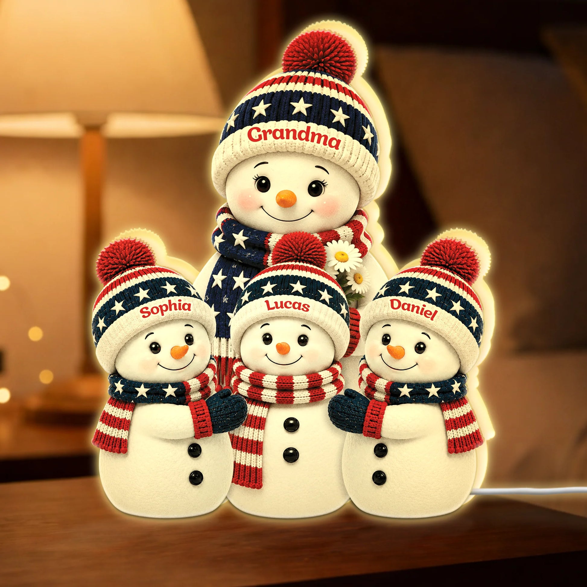 Personalized Snowman Family Acrylic Light Box - Custom Patriotic Gift for Grandma & Mom