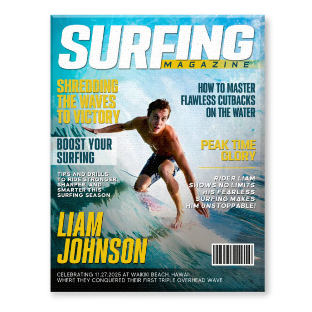 Custom surfing magazine cover canvas print featuring a personalized surfer photo and name