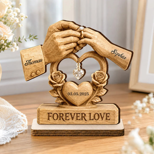 Personalized couple wedding wooden plaque with hands holding ring and Forever Love quote for couples