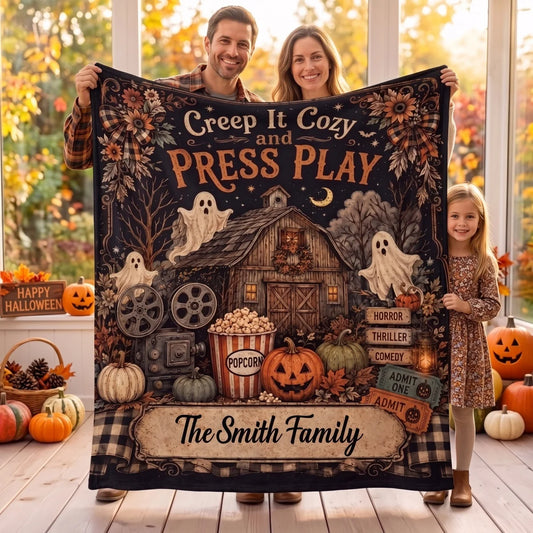 "Creep It Cozy and Press Play" Personalized Halloween Blanket - Custom Family Name Movie Night Throw Decor