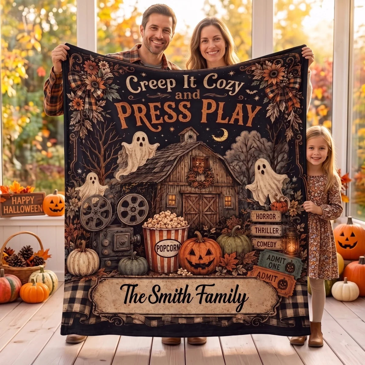 "Creep It Cozy and Press Play" Personalized Halloween Blanket - Custom Family Name Movie Night Throw Decor