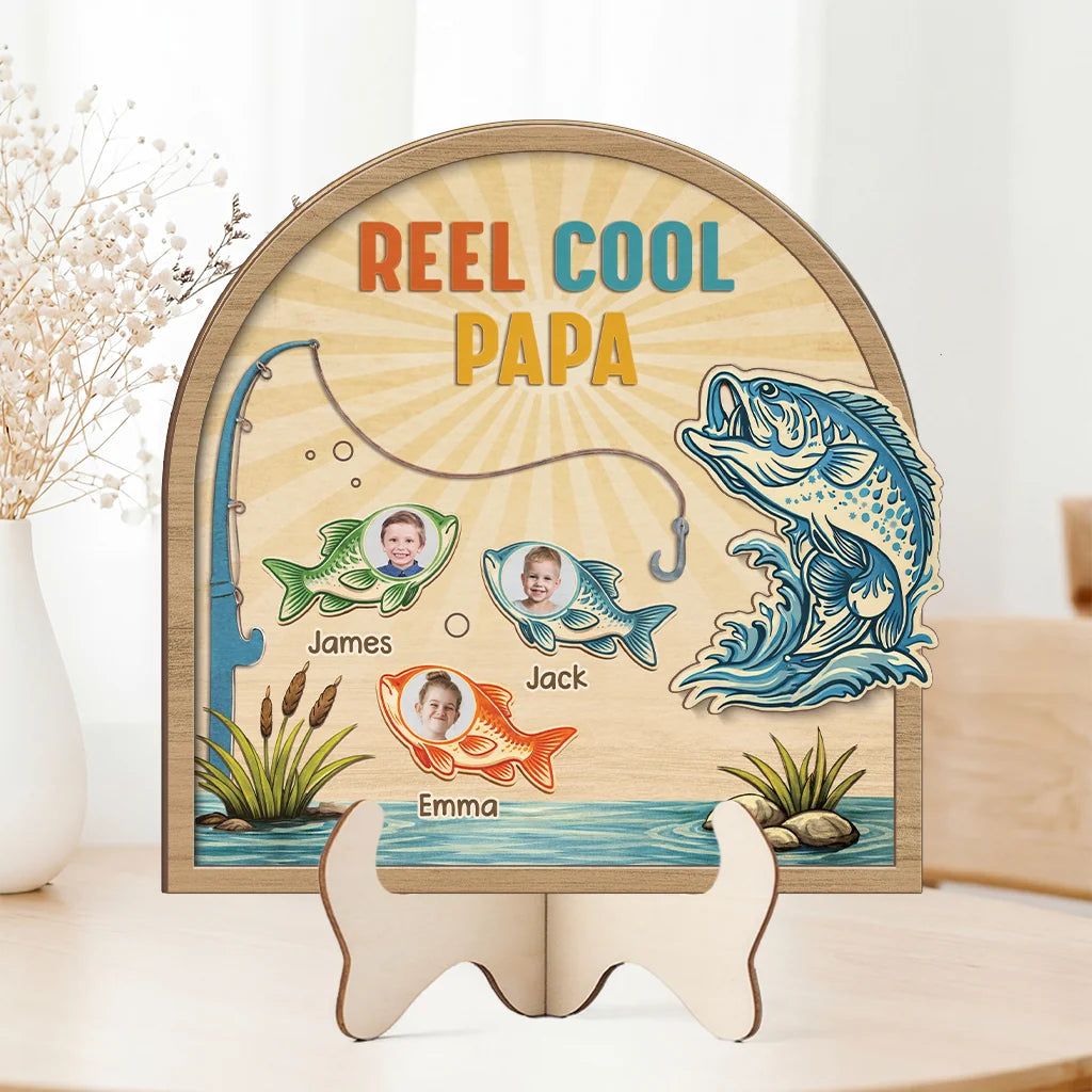 Reel Cool Dad Personalized Wooden Plaque - Custom Kids Photos Fishing Keepsake Gift