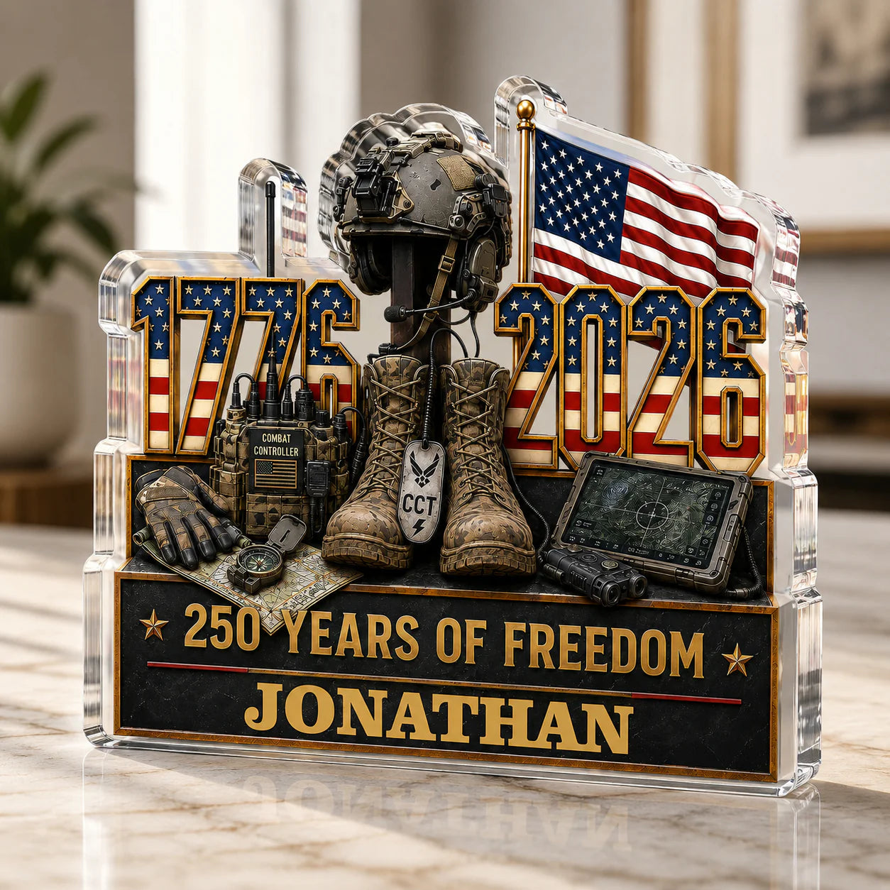 Custom patriotic acrylic plaque with military gear and American flag celebrating 250 years of freedom