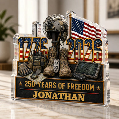 Custom patriotic acrylic plaque with military gear and American flag celebrating 250 years of freedom