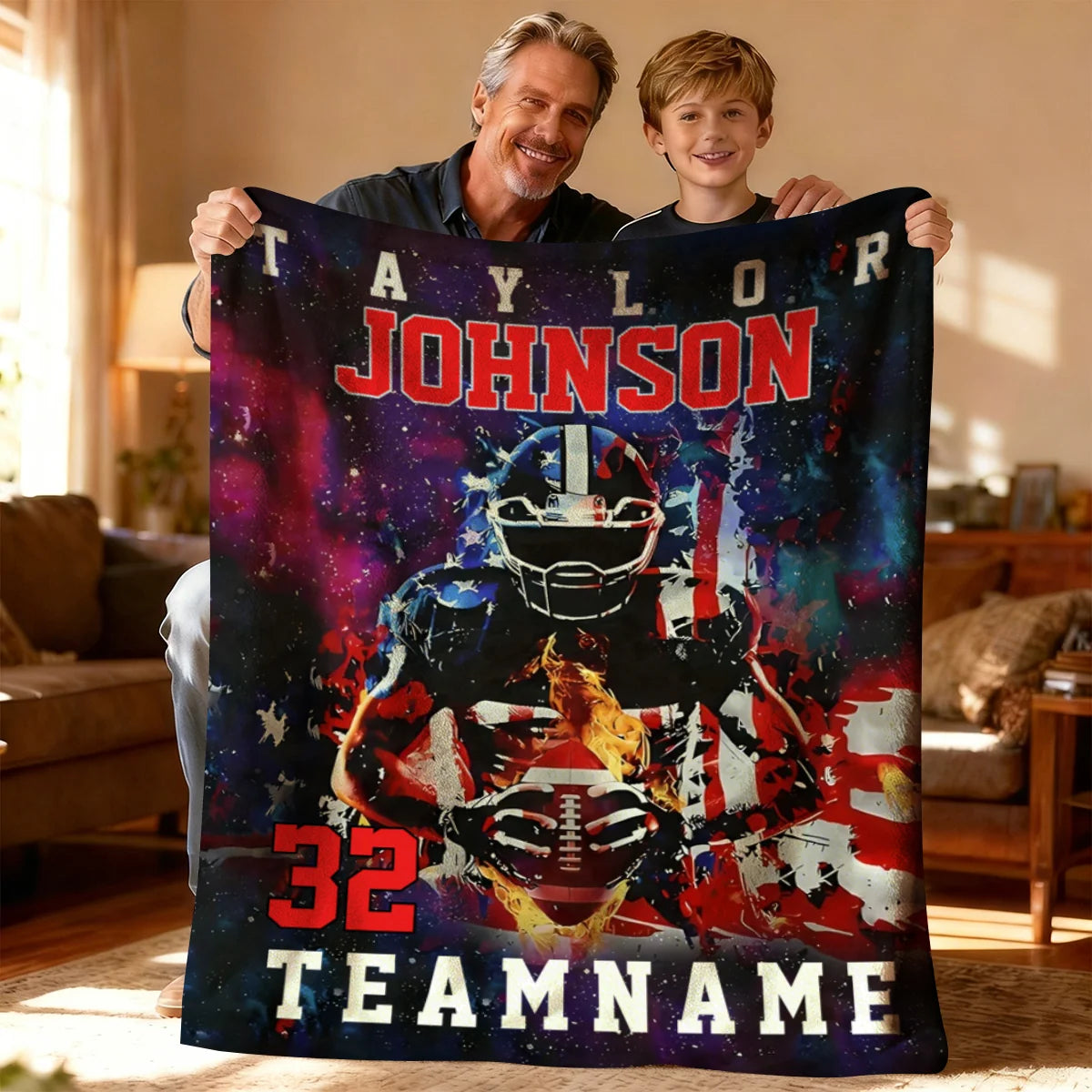 Custom Name & Number Football Blanket - Personalized American Football Throw for Boys