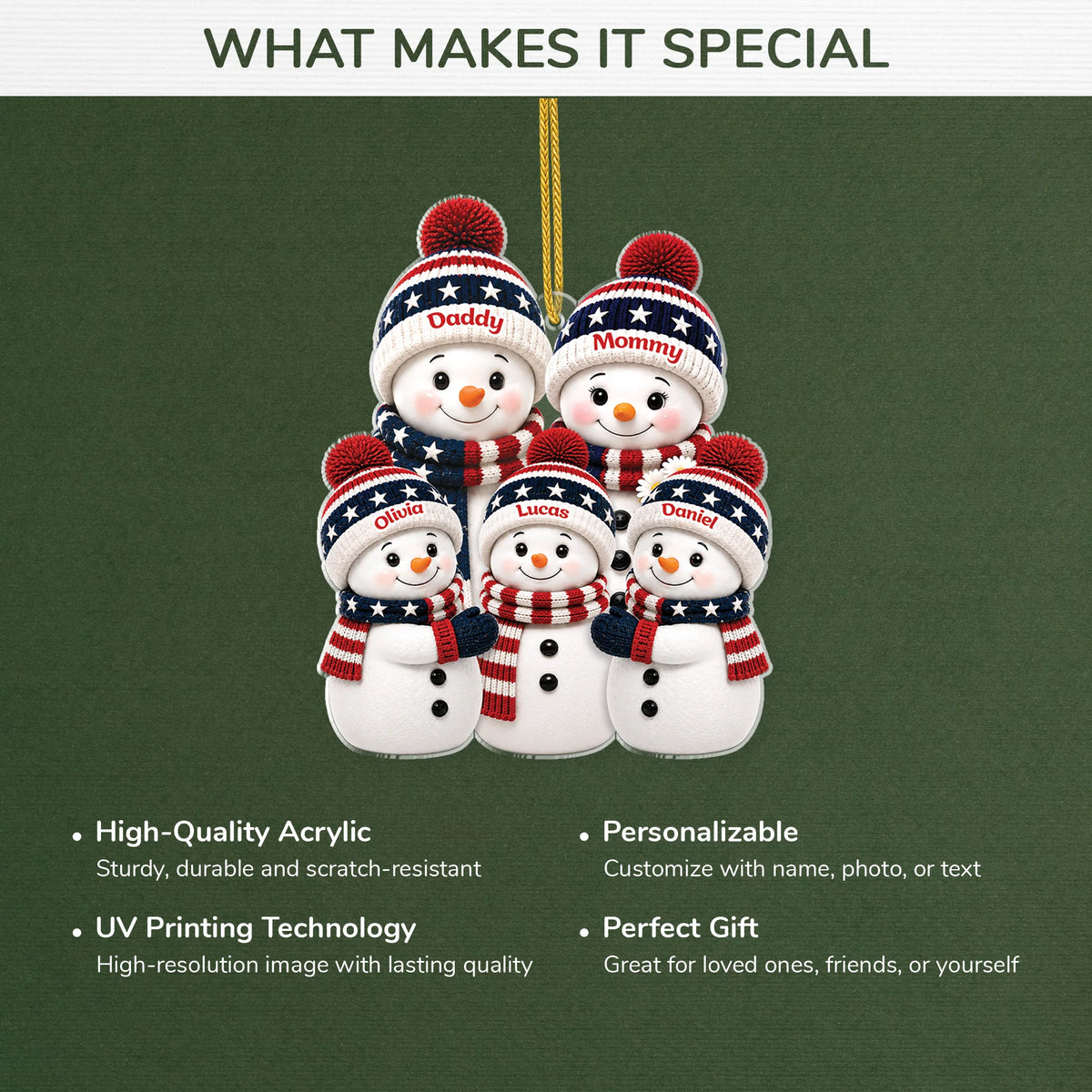 Patriotic Snowman Family Personalized Acrylic Ornament - Custom Christmas Keepsake