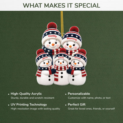 Patriotic Snowman Family Personalized Acrylic Ornament - Custom Christmas Keepsake