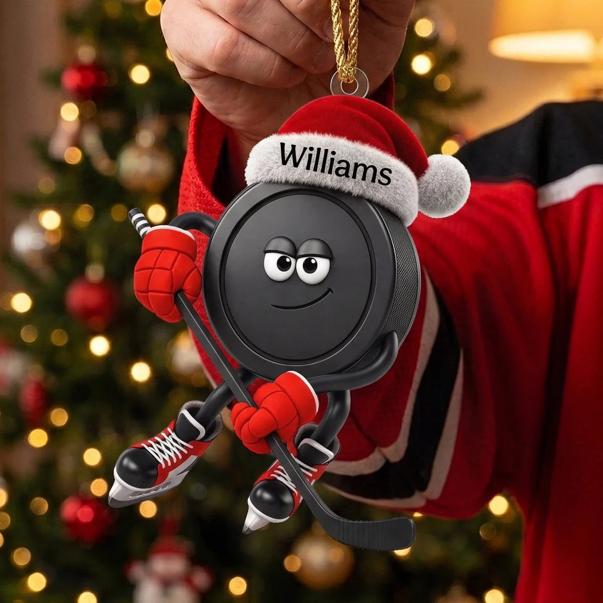 Custom Sly Santa Hockey Puck Acrylic Ornament - Personalized Sports Keepsake Gift for Hockey Players
