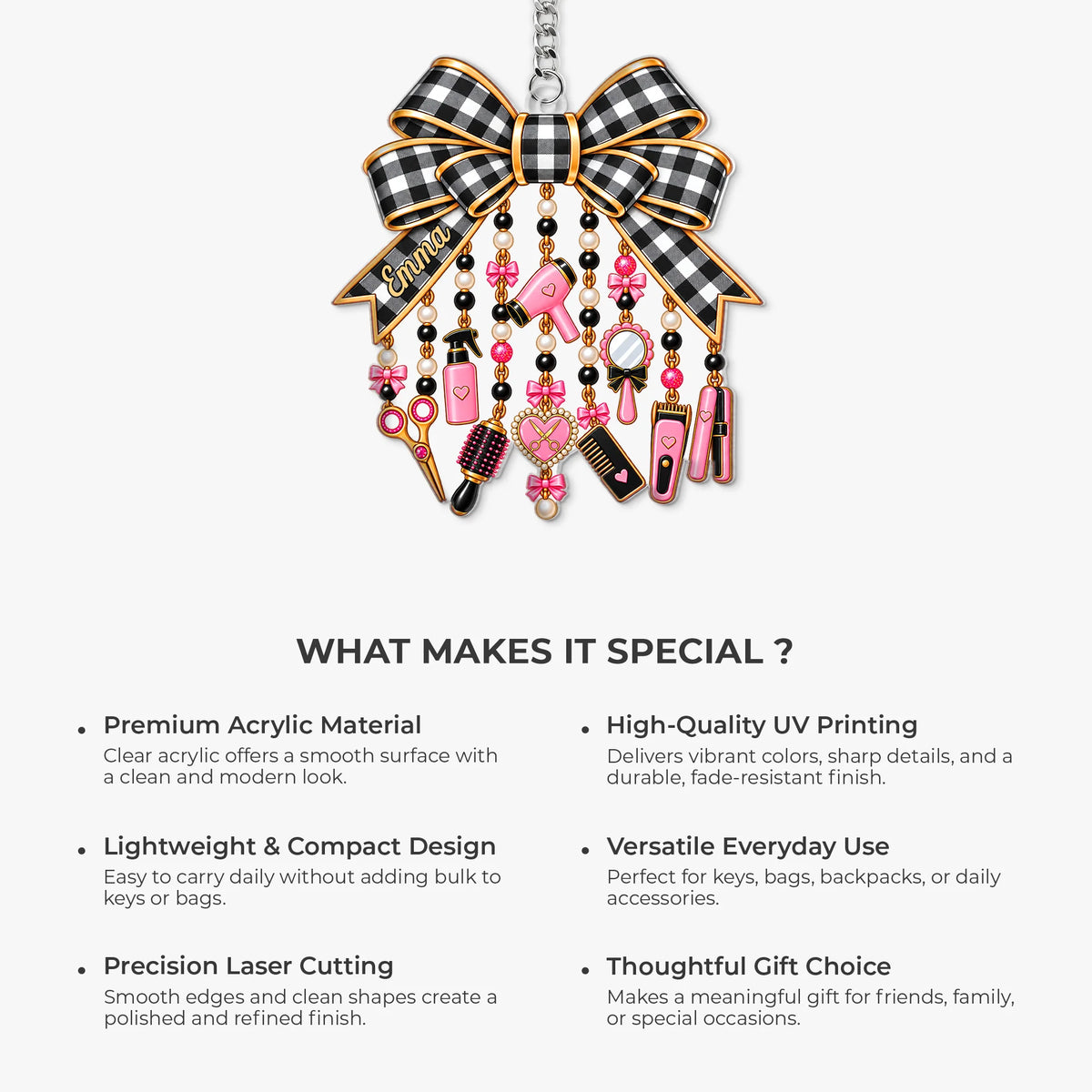 Personalized Hair Stylist Bow Acrylic Keychain - Custom Hairdresser Name & Salon Tool Charm Gift