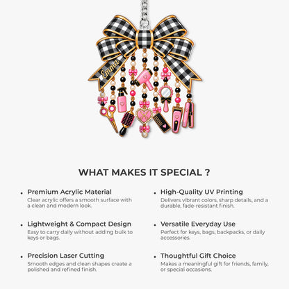 Personalized Hair Stylist Bow Acrylic Keychain - Custom Hairdresser Name & Salon Tool Charm Gift