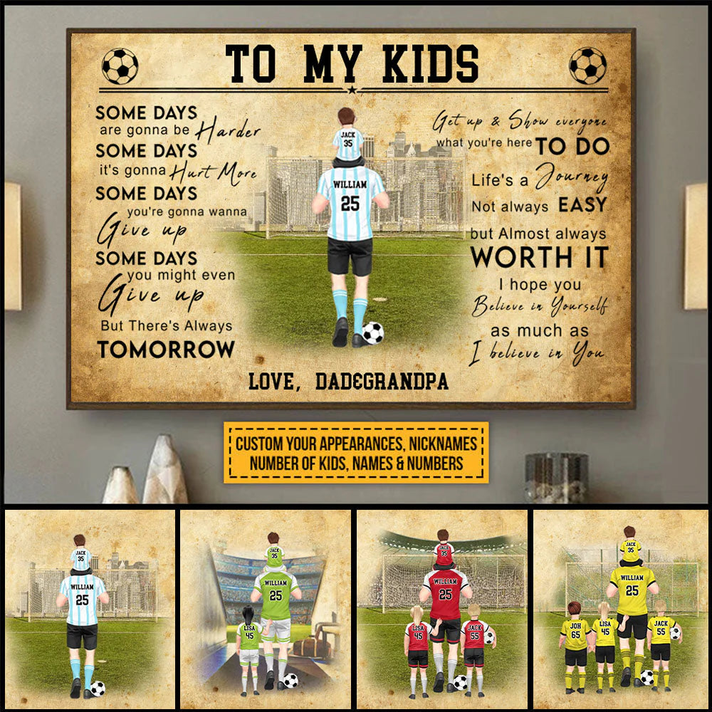 Personalized soccer poster with a father and son on the field, custom names and numbers on jerseys.