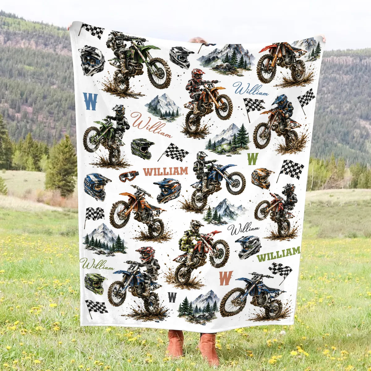 Personalized dirt bike blanket with custom boy name and motocross artwork for bedroom decor image 7