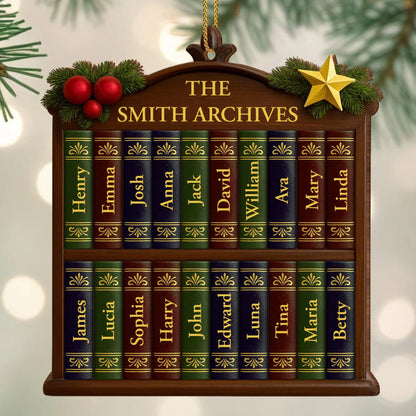 Custom Family Bookshelf Wooden Ornament - Personalized Christmas Decor Gift for Book Lovers
