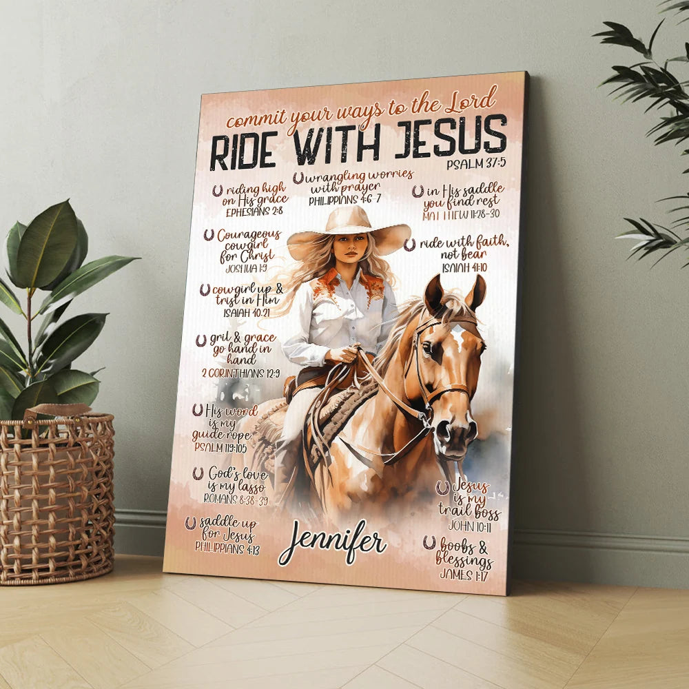 Ride With Jesus Personalized Cowgirl Canvas / Poster - Christian Wall Art Gift for Women