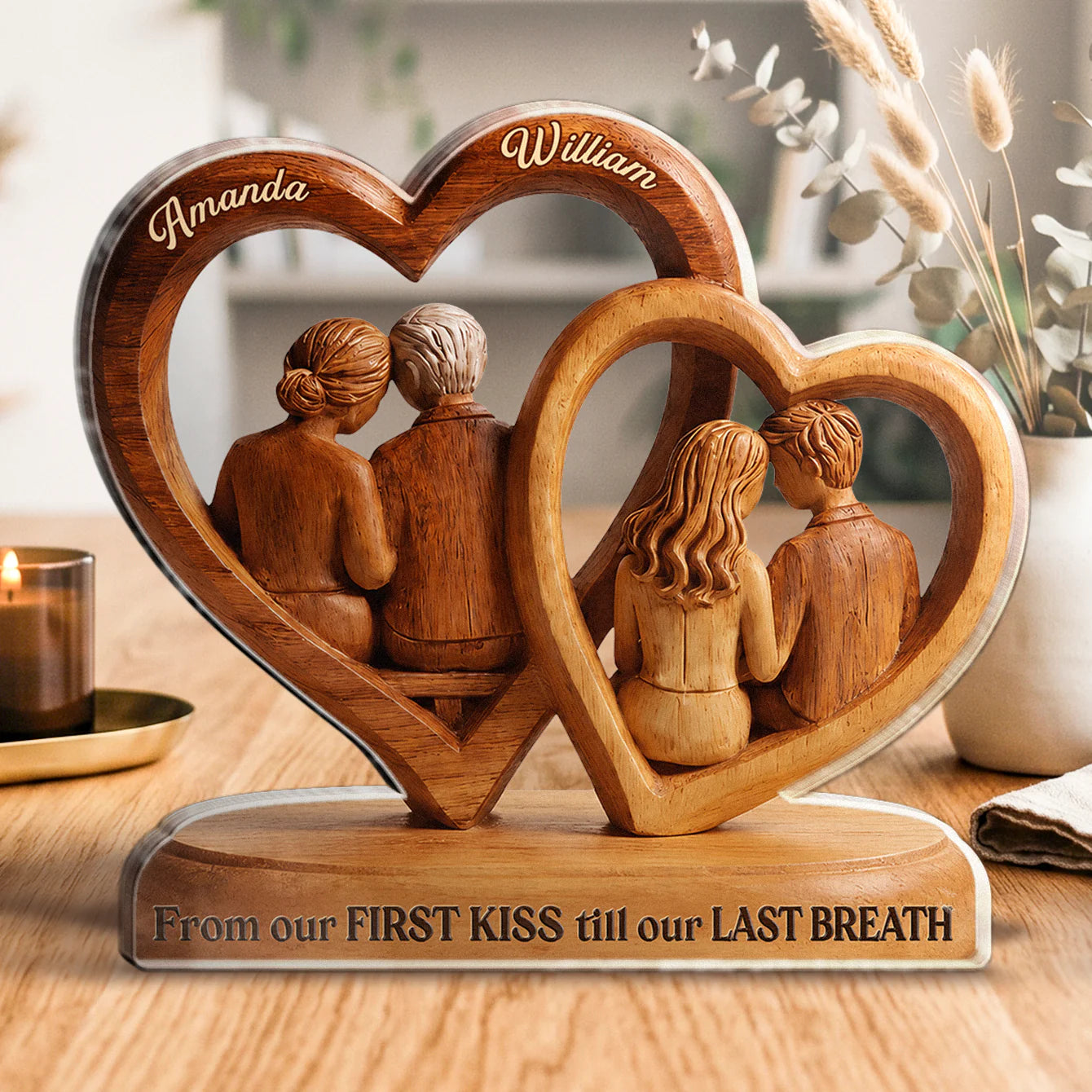 Personalized couple acrylic plaque with two wooden hearts style design and custom names for husband and wife anniversary gift image 8