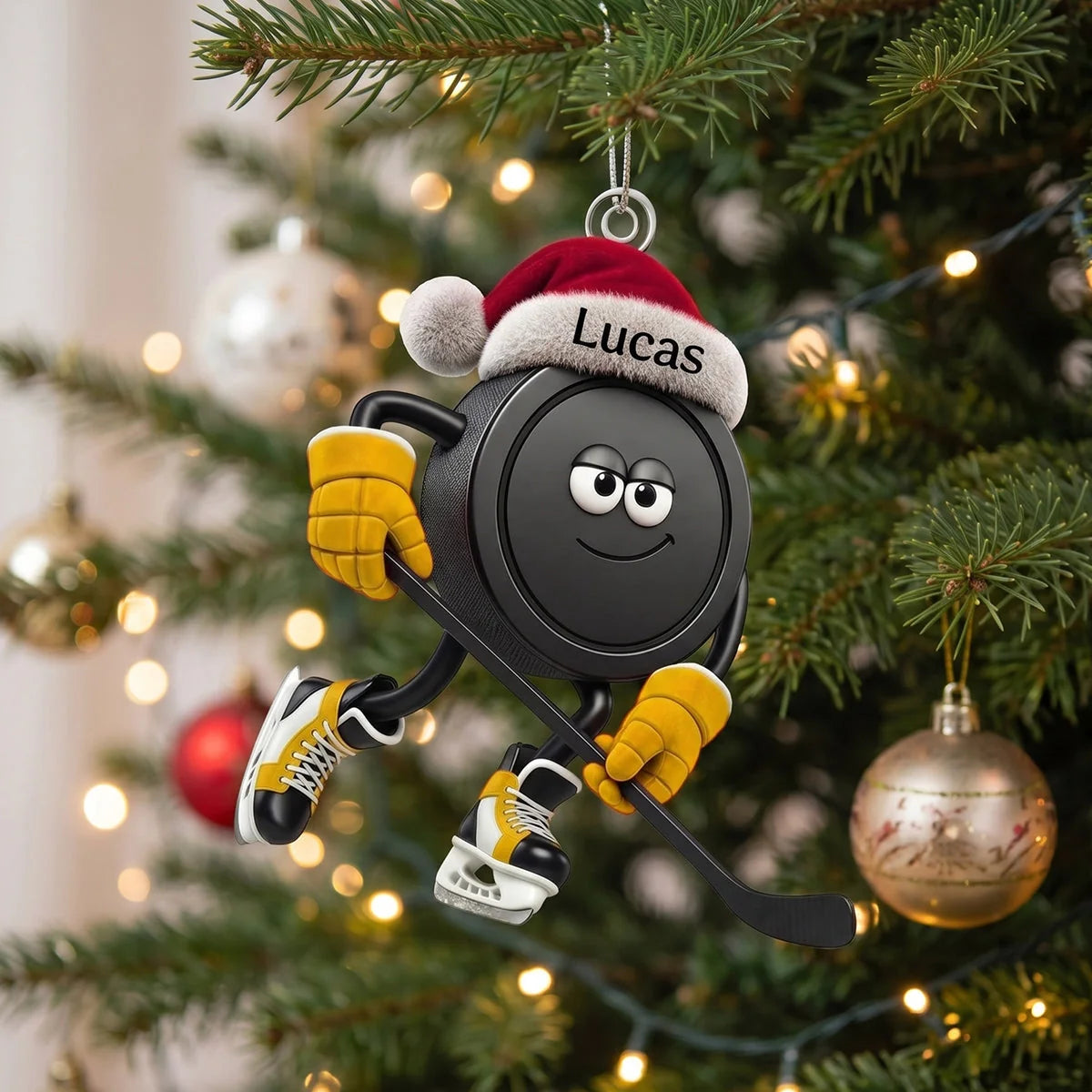 Personalized Hockey Acrylic Ornament - Custom Christmas Santa Hat Hockey Puck Keepsake Gift