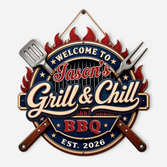 Welcome to Grill and Chill Personalized Wood Sign - Custom BBQ Gifts