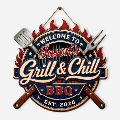 Welcome to Grill and Chill Personalized Wood Sign - Custom BBQ Gifts