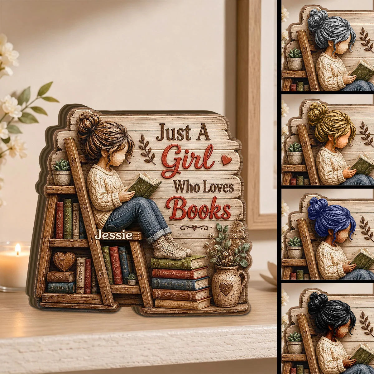 "Just A Girl Who Loves Books" Personalized Wooden Block - Custom Book Lover Gift