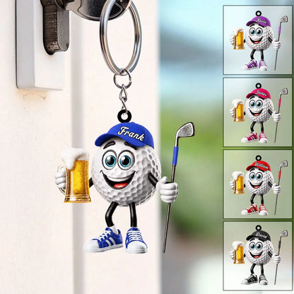 Toasting Golf Mascot Keychain - Personalized Funny Beer Golf Gift for Golfers