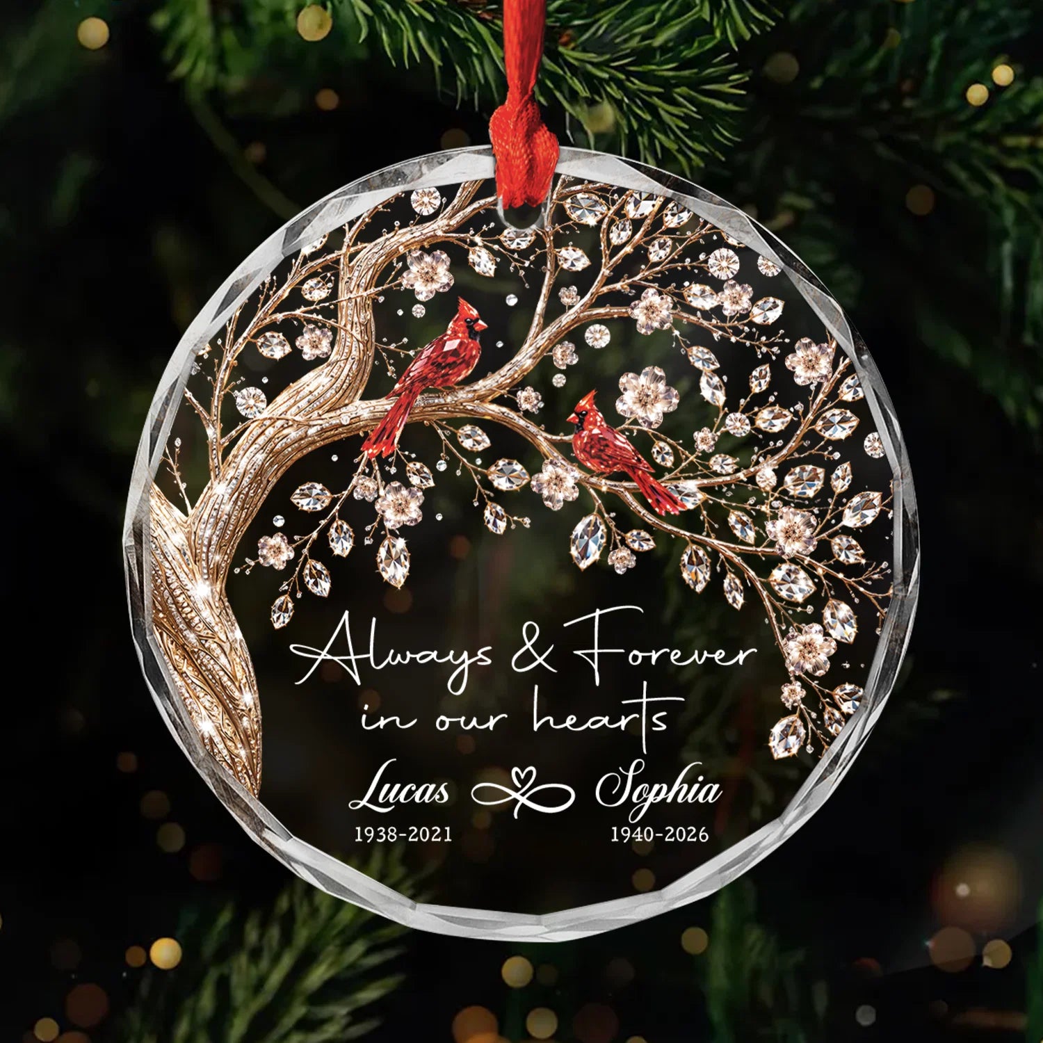 "Always & Forever In Our Hearts" Personalized Glass Ornament - Custom Memorial Gift for Family