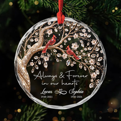 "Always & Forever In Our Hearts" Personalized Glass Ornament - Custom Memorial Gift for Family
