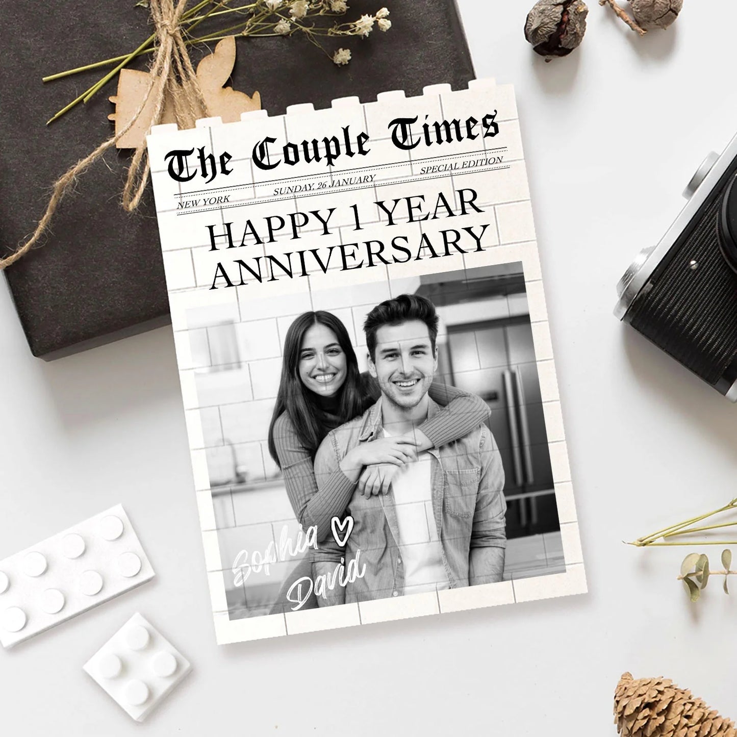 "The Couple Times" Custom Newspaper Photo Building Brick - Personalized Couple Anniversary Keepsake Gift