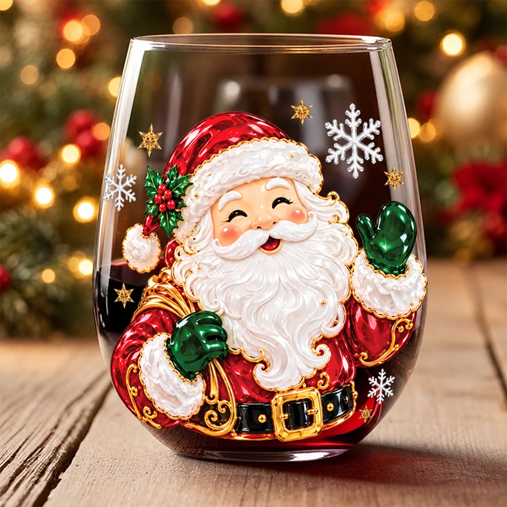 Festive Santa and Snowman Personalized Stemless Wine Glass - Christmas Drinkware for Family